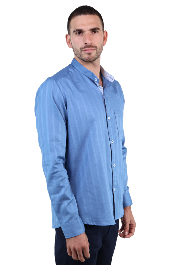 Camisa Azul Manga Larga Textura A Rayas Verticales Slim Fit Para Hombre